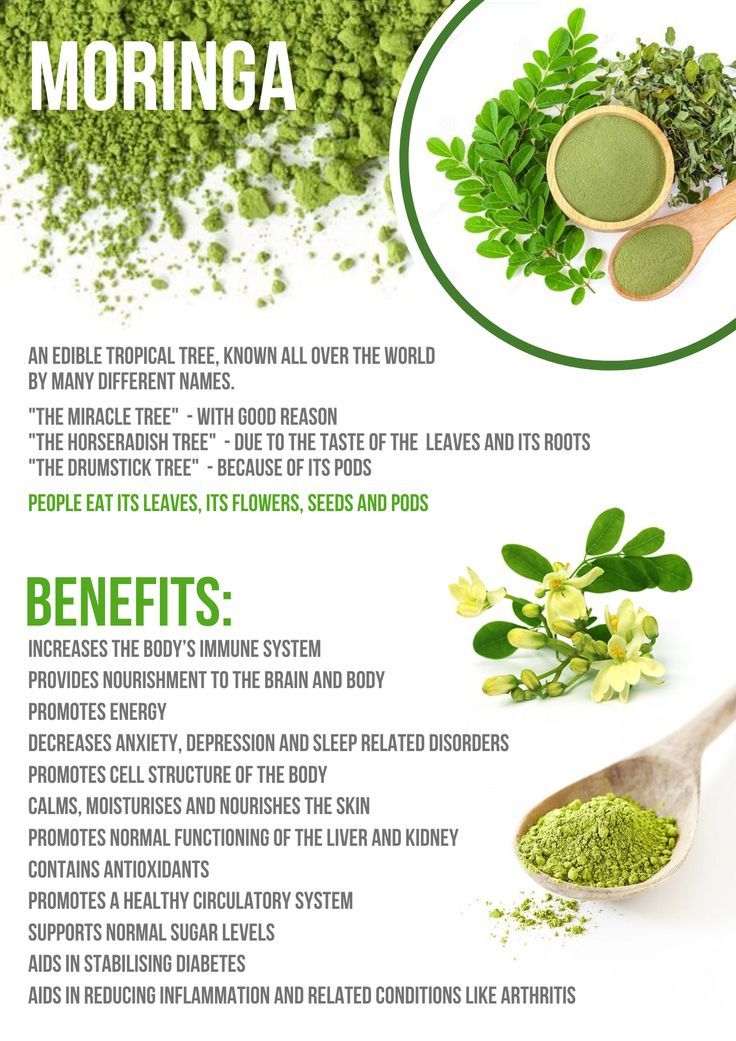 Moringa infographic showing the tree's names and health benefits